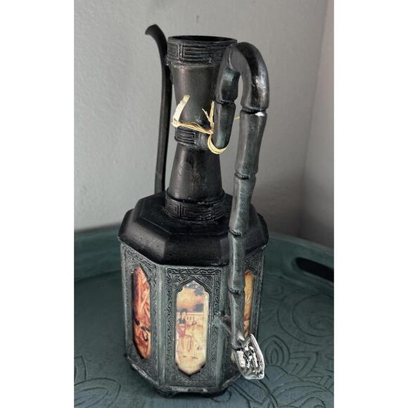 Antique Chinese 1910 Swatow Pewter 8 Panel Reverse Painted Glass Teapot, NO LID - Picture 2 of 13